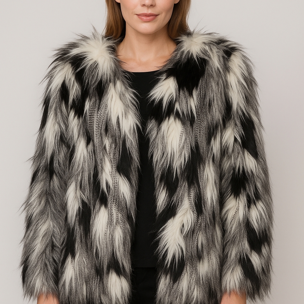 ADRIENNE LANDAU MULTI-COLOR FAUX FUR LONG SLEEVE COAT SIZE L FEATHERED ABSTRACT - Picture 1 of 9
